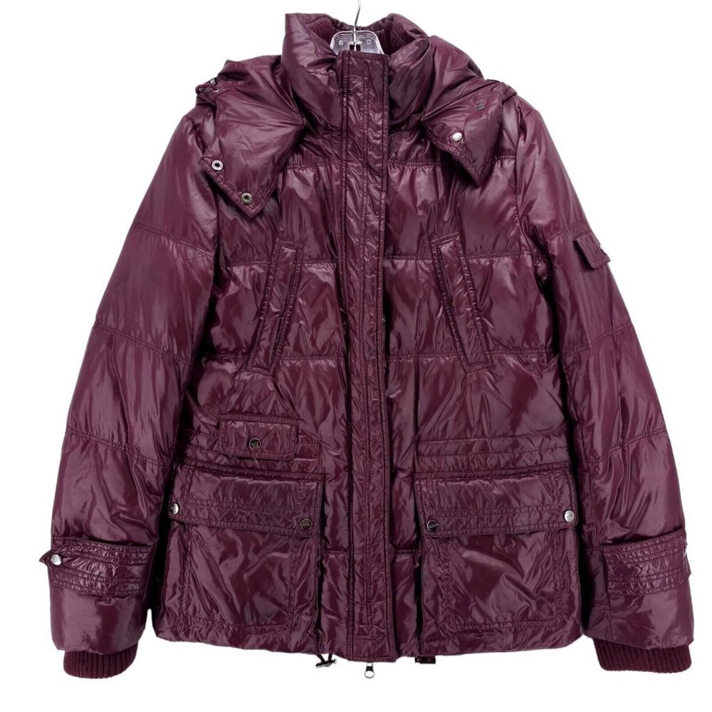 ADD Goose Down Puffer Jacket Plum Purple Hooded Wool Plaid Lining EUC Size US 4